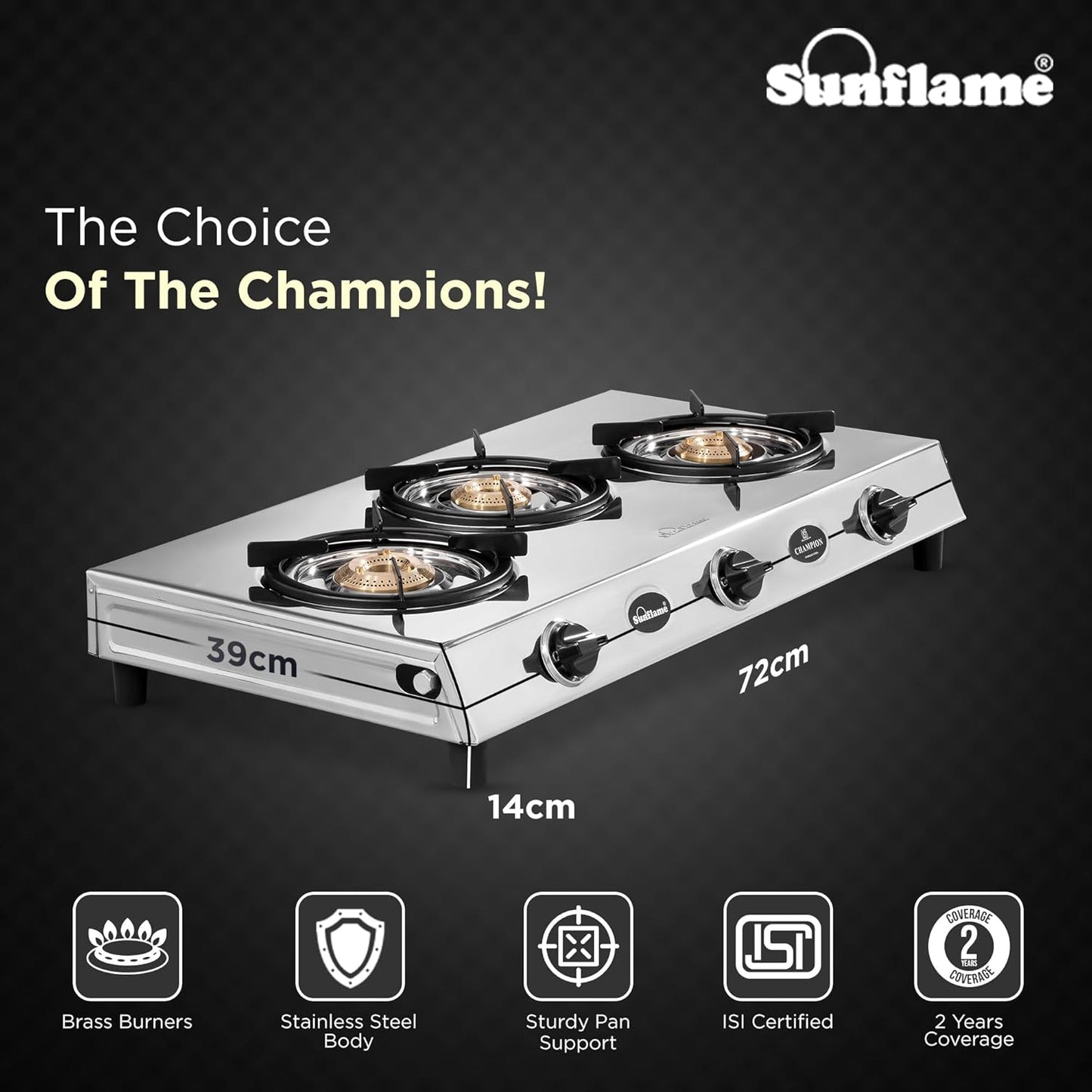 Champion 3 Burner Gas Stove | 1 Medium and 2 Small Brass Burners | Stainless Steel