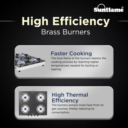 Diamond 4 Burner Gas Stove | 2 Medium and 2 Small Brass Burners |Toughened Glass Top | Steel