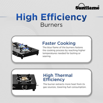 Diamond 3 Burner Gas Stove | 1 Medium and 2 Small Brass Burners |Toughened Glass Top |Black