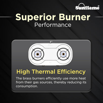 Optra 2 Burner Gas Stove | 1 Medium and 1 Small Brass Burners |Toughened Glass Top | Steel