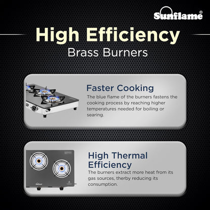 Diamond 3 Burner Gas Stove | 1 Medium and 2 Small Brass Burners |Toughened Glass Top |Steel