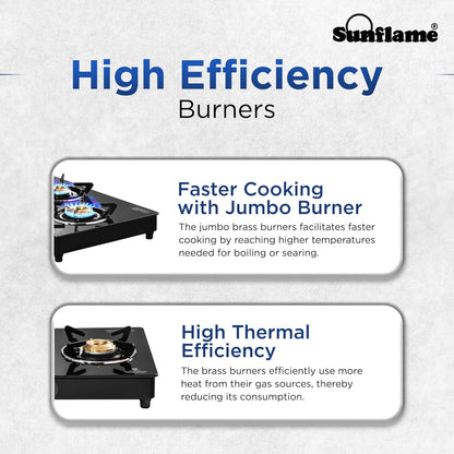 Crystal 3 Burner Gas Stove | Auto Ignition | 1 Medium and 2 Small Brass Burners |Toughened Glass Top |Black