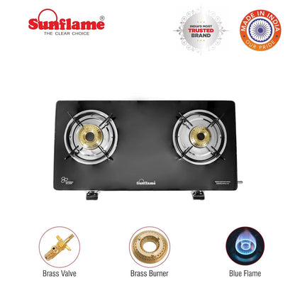 Diamond 2 Burner Gas Stove | 1 Medium and 1 Small Brass Burners |Toughened Glass Top | Steel