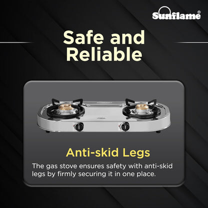 Optra 2 Burner Gas Stove | 1 Medium and 1 Small Brass Burners |Toughened Glass Top | Steel