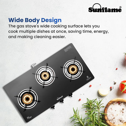 Crystal 3 Burner Gas Stove | Auto Ignition | 1 Medium and 2 Small Brass Burners |Toughened Glass Top |Black