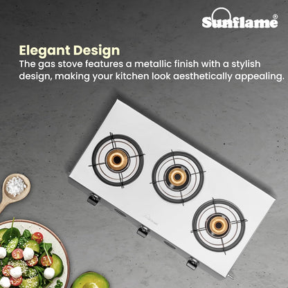 Champion 3 Burner Gas Stove | 1 Medium and 2 Small Brass Burners | Stainless Steel