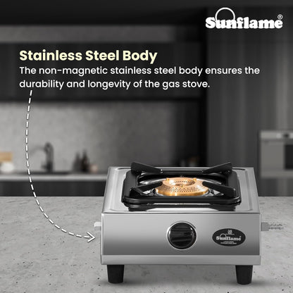 One Burner Glass Top Gas Stove | Jumbo Burner | Heavy Duty Pan Support| Silver