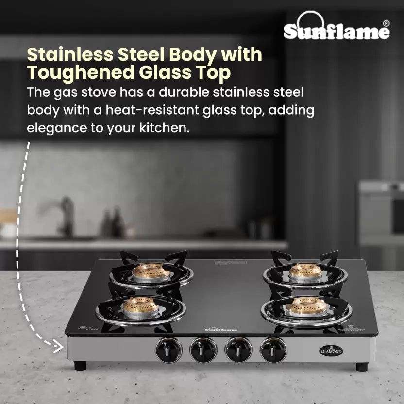 Diamond 4 Burner Gas Stove | 2 Medium and 2 Small Brass Burners |Toughened Glass Top | Steel