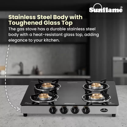Diamond 4 Burner Gas Stove | 2 Medium and 2 Small Brass Burners |Toughened Glass Top | Steel