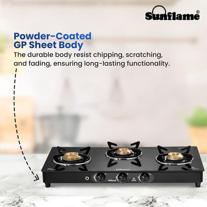 Crystal 3 Burner Gas Stove | Auto Ignition | 1 Medium and 2 Small Brass Burners |Toughened Glass Top |Black