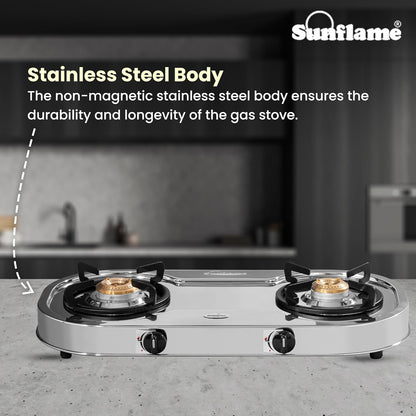 Optra 2 Burner Gas Stove | 1 Medium and 1 Small Brass Burners |Toughened Glass Top | Steel
