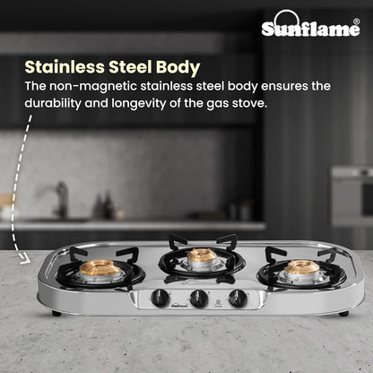 Optra 3 Burner Gas Stove | 1 Medium and 2 Small Brass Burners |Toughened Glass Top |Steel